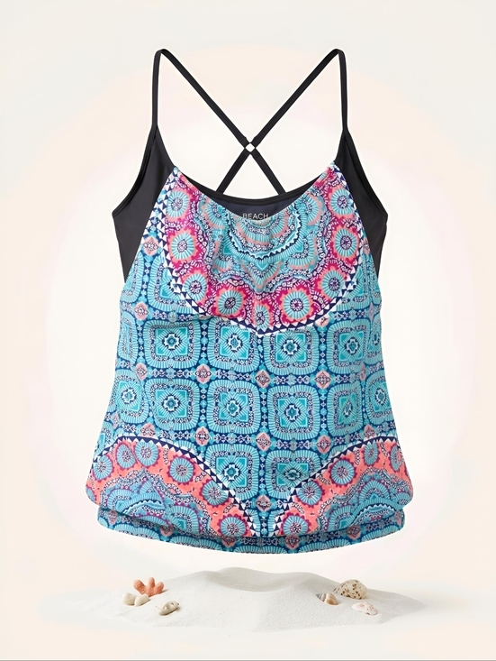 Athleta Other - Athleta Fiji Blousy Tankini Swim Top Blue And Pink Size 36D Or 36DD Navy Straps